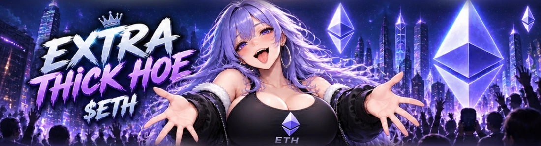 Extra Thick Hoe Ethereum community banner featuring lavender-haired heroine, Ethereum crystals, and a celebration crowd